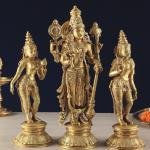 Brass Lord Vishnu with Bhudevi & Sridevi | 13" x 5.8" x 3.9" (33 x 14.7 x 9.9 cm) | 6.9 kg Sacred Art | Divine Trinity Murti